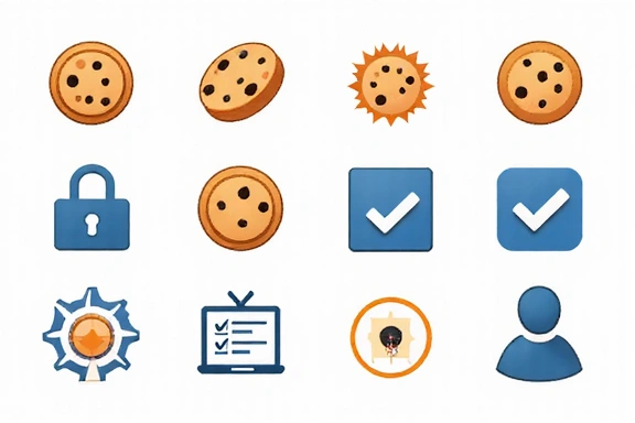 Ilustrație cu simboluri de cookie-uri și confidențialitate