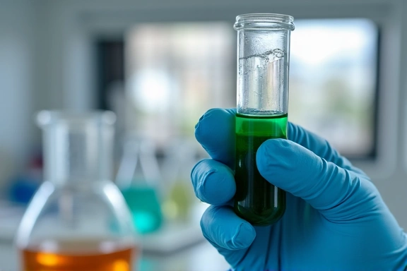 Mână în mănușă albă de laborator, ținând o eprubetă cu lichid verde, cu echipament de laborator în fundal