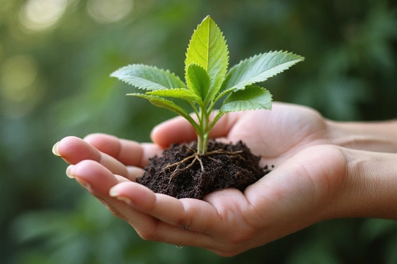 Mână care ține o plantă verde, simbolizând natura și creșterea