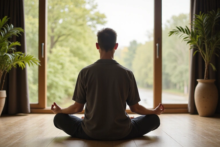 Bărbat relaxat meditând într-un mediu calm, simbolizând gestionarea stresului