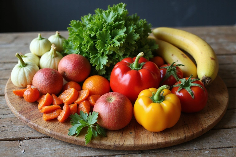 Diverse legume și fructe proaspete pe o masă de lemn, ilustrând nutriția echilibrată