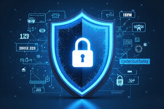 Ilustrație cu un scut de protecție a datelor și simboluri de securitate cibernetică