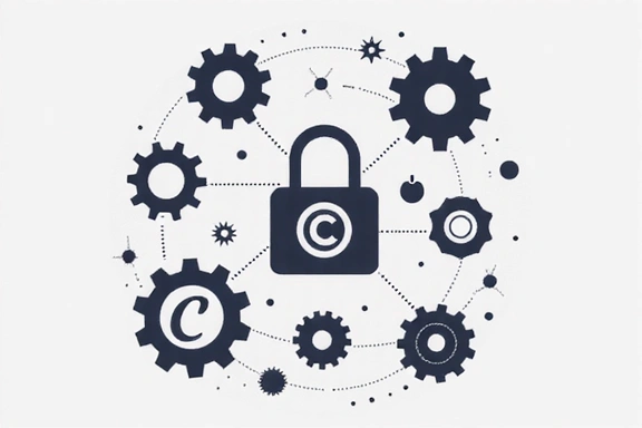 Imagine reprezentând simboluri de proprietate intelectuală, cum ar fi un semn de copyright și un creier cu angrenaje, indicând inovație.