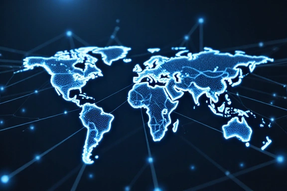 Imagine reprezentând o rețea globală de conexiuni, cu linii și puncte luminoase, simbolizând legături externe.
